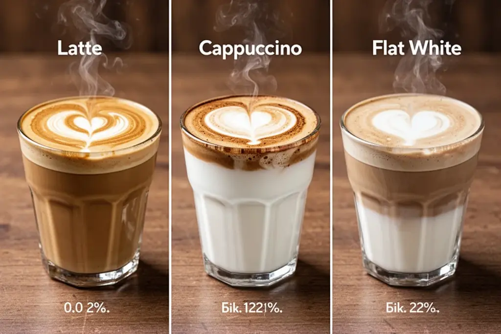 latte vs cappuccino vs flat white comparison three drinks side by side milk ratio