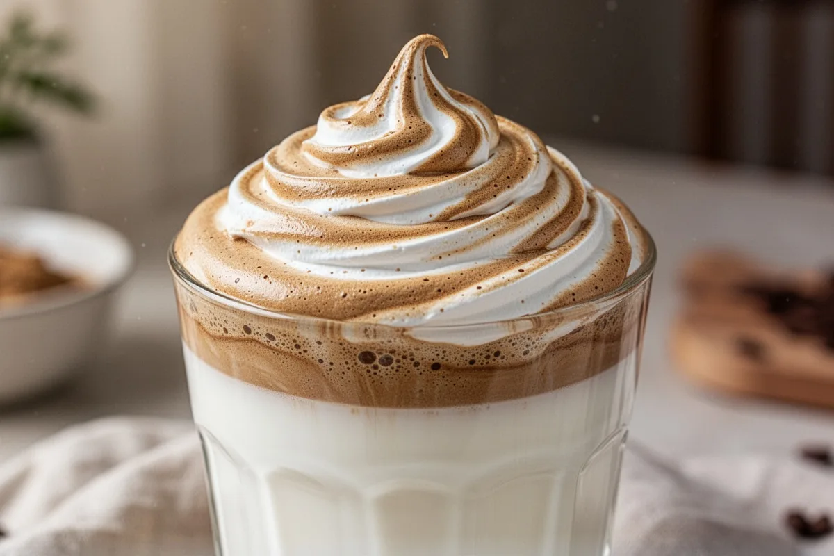 dalgona whipped coffee on glass of milk fluffy coffee foam aesthetic presentation