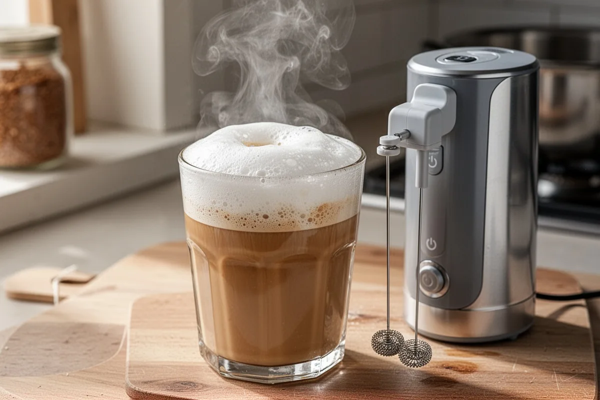 frothy cold coffee with foam electric milk frother home kitchen setup