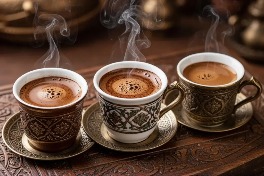 Turkish coffee varieties comparison different sized cups traditional presentation