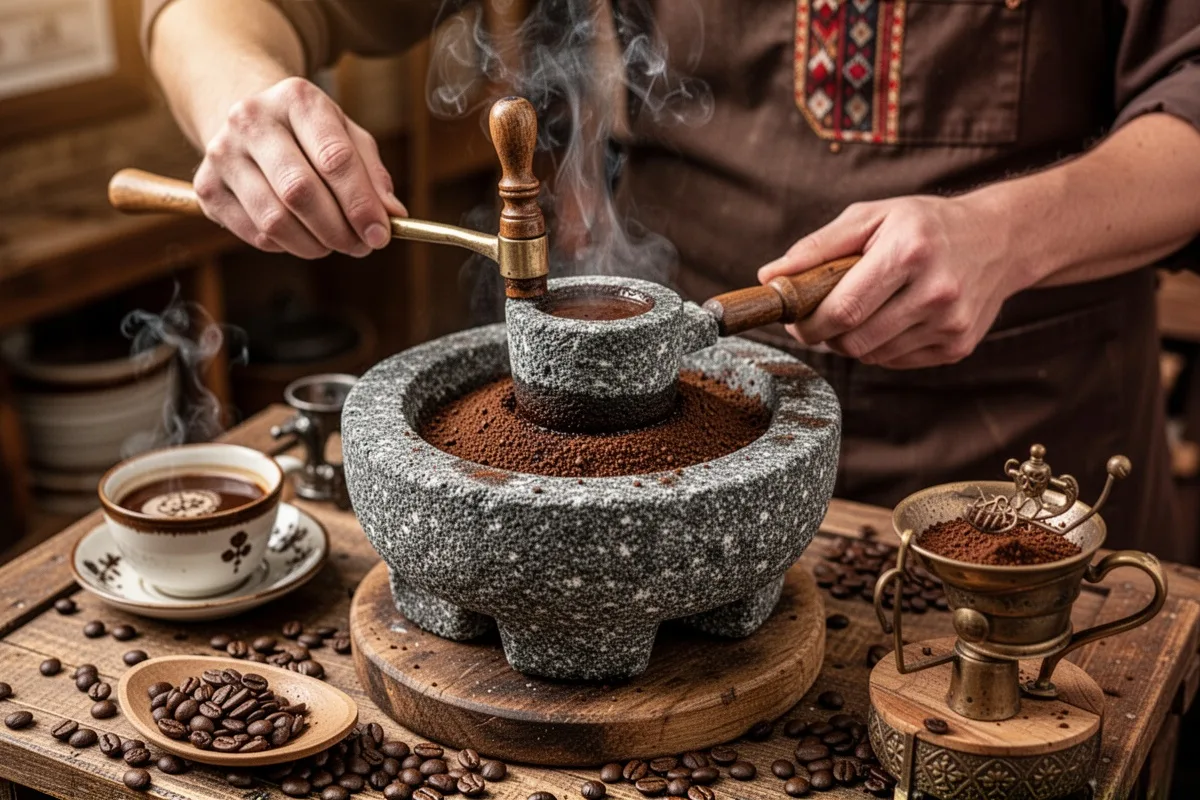 dibek coffee traditional stone grinding artisanal Turkish coffee preparation