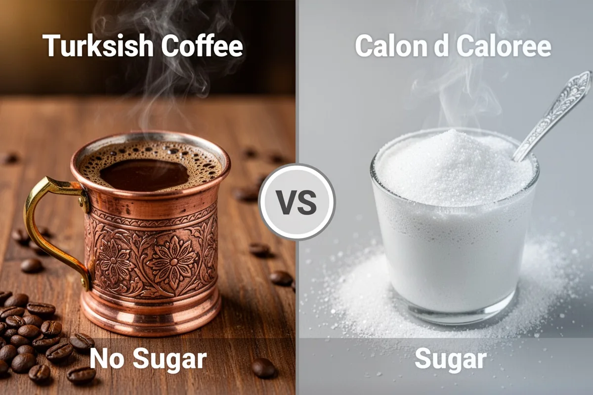 Turkish coffee in traditional copper cup no sugar vs sugar comparison calorie concept