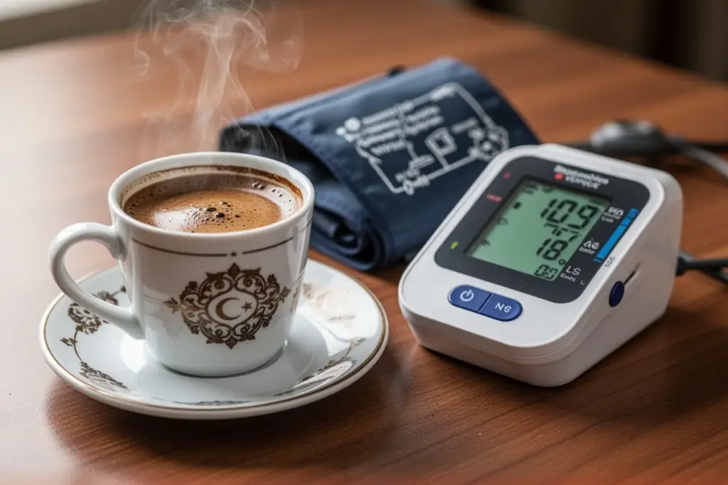 Turkish coffee cup with blood pressure monitor beside it health monitoring