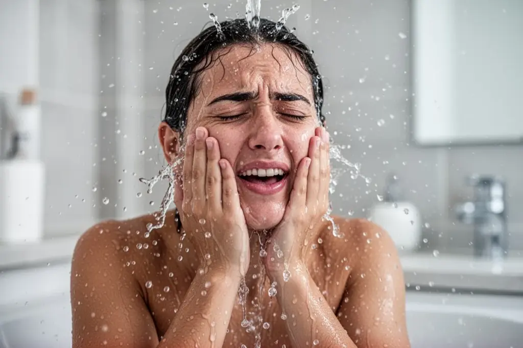 person splashing cold water on face to wake up morning energy boost