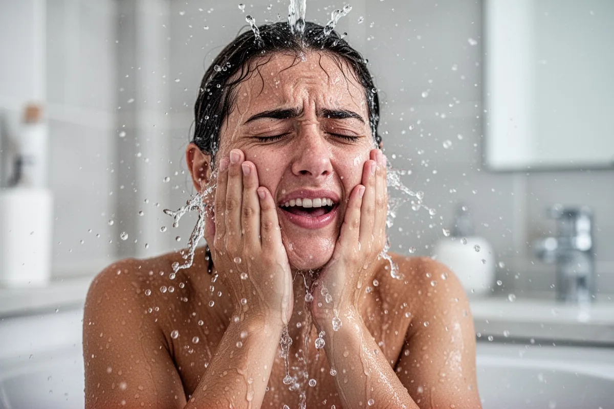 person splashing cold water on face to wake up morning energy boost