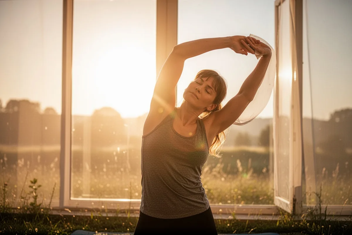 morning sunlight exposure for alertness person stretching in sunlight